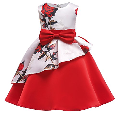Flower Girls Ruffles Dresses Kids Birthday Independence Day Dress Sleeveless Size 6T(Red,130)