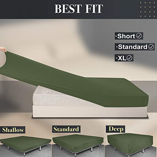Image of Soft Stretch Queen Fitted Sheet Only - Jersey Knit & Cozy T-Shirt Like, 4-Way Stretchy Snug Fit & Wrinkle Free, No More Slipping Mattress Sheets - Dark Olive Green, Queen