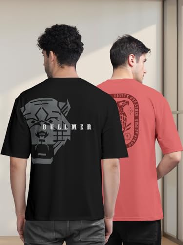 Image of BULLMER Trendy Front and Back Printed Oversized Round Neck T-Shirt for Men - Pack of 2