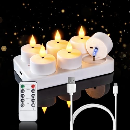 Homemory Rechargeable Tea Lights Flameless Candles with Remote Timer Battery Operated LED Tealight Candles USB Candles for Wedding Table Centerpiece Reception Banquet Christmas Halloween 6-Pack
