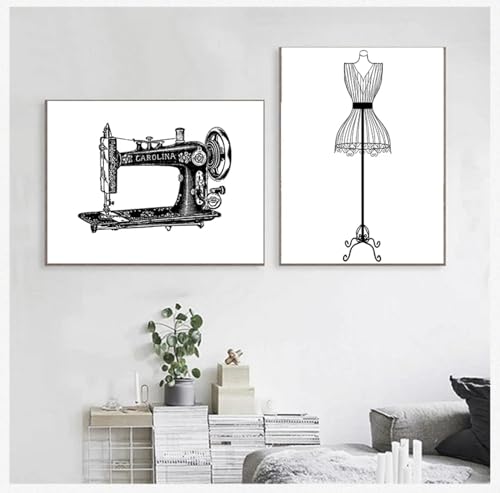 LMAIWANG Póster de máquina de coser de moda vintage, modelo de maniquí, pintura en lienzo, impresión de costura, arte de pared de moda, decoración, 60 x 90 cm x 2 marcos