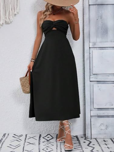 Image of SKAYS Womens Strapless Twist Knot Midi Dress Cutout A-line Tube Summer Cocktail Party Dress with Back Smock