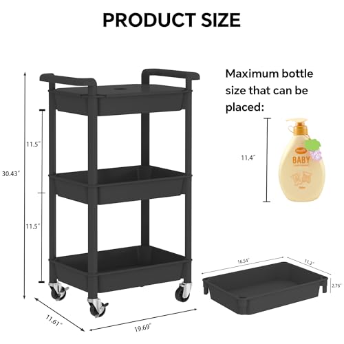 Steehoom 3-Tier Utility Rolling Cart with Cover Top Board, Mobile Utility Cart with Lockable Casters Multi-Functional Storage Trolley for Office, Bathroom, Kitchen, Garden, Laundry Room (Black)