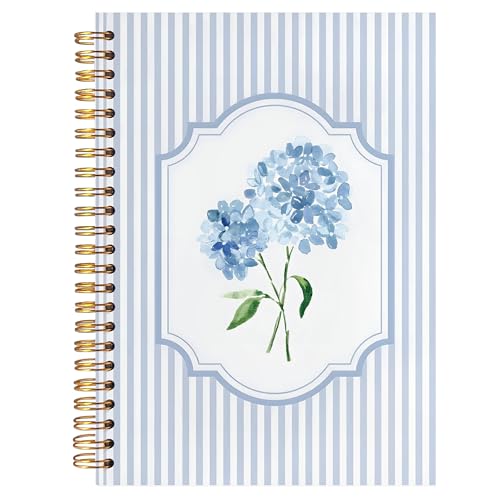 ignytiger Blue Hydrangea Notebook Journal, Hydrangea Gifts, Cute Blue and White Stripes Girly Floral Journal Spiral Notebook Aesthetic Office Supplies, 5.5x8.3 Inch
