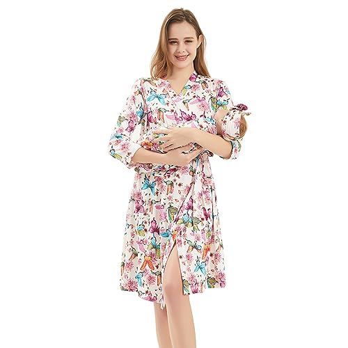 Image of Galabloomer Maternity Robe and Baby Receiving Blanket, Matching Mommy Labor Delivery Robe and Swaddle Set (l, Pink Butterfly)