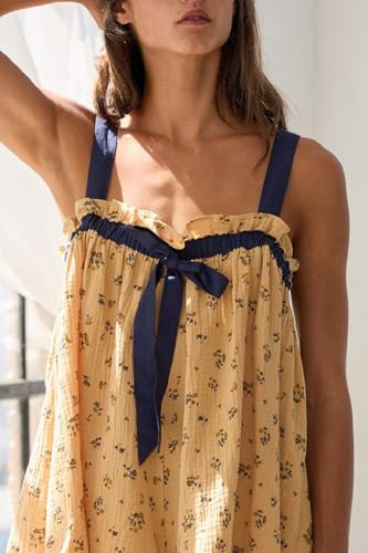 Image of Women Y2K Tie Shoulder Mini Dress Bow Babydoll Ruffle Short Dress Summer Boho Floral Flowy Beach Sundress (132 Yellow,L)