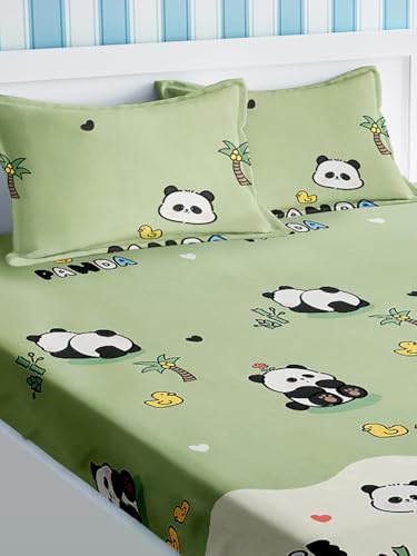 Image of URBAN DREAM Kids Cute Panda Print Green and White BEDSHEET Set (Double Bed)
