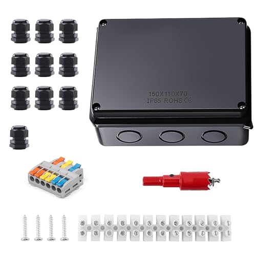 TIANLIN Caja Estanca Exterior Electrica, Negro Ip65 Cajas Estancas Electricidad, 150 X 110 X 70 mm Caja Electrica Exterior, Ø 6-12 mm, con Terminales y Accesorios de Montaje, para Sótanos y Garajes