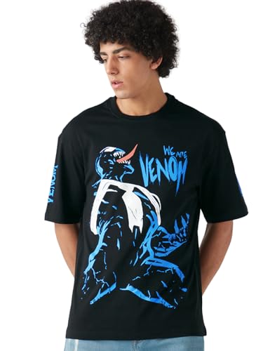 Image of Bewakoof X Marvel Venom Men's 100% Cotton Graphic Print Oversized Fit Half Sleeve Round Neck T-Shirt | Casual Wear | Street Wear | Oversized t Shirt for Men Cotton | Baggy