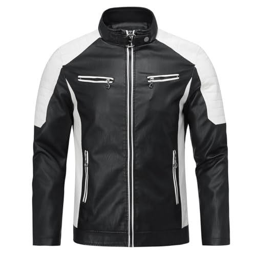 Image of Men's PU Faux Leather Jacket White Black Moto Bomber Fashion Slim Fit Coat