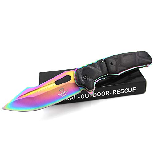 Snake Eye Tactical Every Day Carry Wood Handle Rainbow Blade Folding Knife | Outdoor Survival Pocket Knife | Small one-Hand Knife Made of Stainless Steel Blade (BKRB)