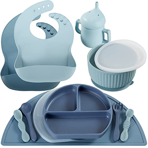 Image of Potchen Baby Led Weaning Supplies Baby Feeding Set Toddlers Silicone Divided Suction Plate Suction Bowl, Adjustable Bib, First Stage Spoon Fork, Placemat, Straw Cup Infant Self Eating Utensil (Blue)