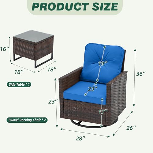 AVAWING 3 Piece Wicker Swivel Rocker, Patio Glider Chairs with Tempered Glass Side Table, Outdoor Conversation Set for Backyard, Garden and Poolside(Blue)
