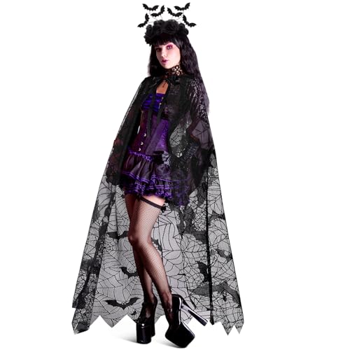 Chicingyou Halloween Lace Spider Web Costume Long Spider Web Hooded Cloak Cape with Bat Headband for Cosplay Party(S)