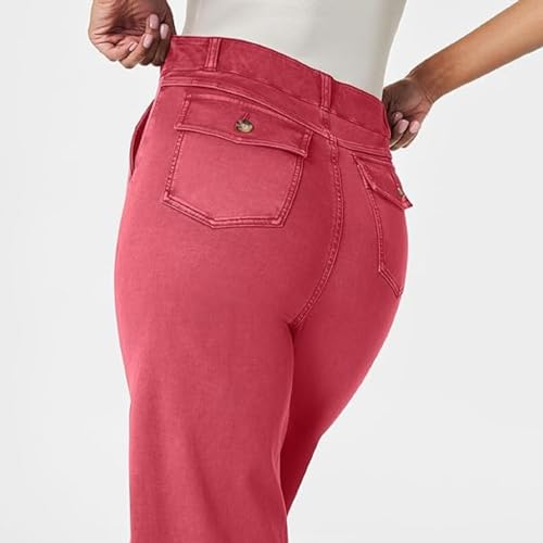 Tummy Control Twill Cropped Wide Leg Pant, Plus Size Wide Leg Denim Pants,Petite Crop Trousers Stretch (Rose Red, XL)2
