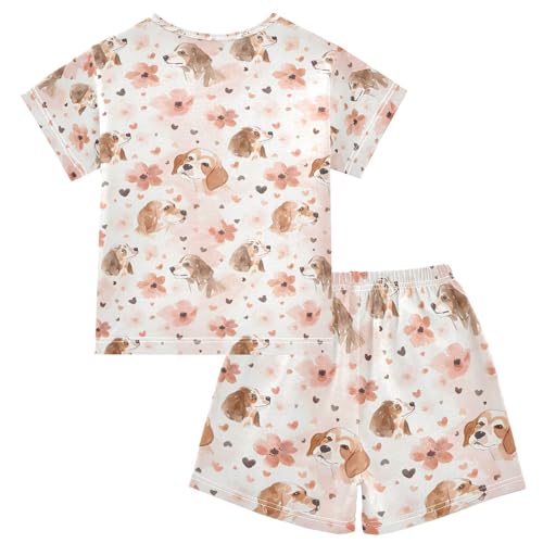 ALAZA Watercolor Spaniel Dog Flower Floral Pajamas Set Short Sleeve Cotton Sleepwear Summer Pjs 2 Piece 5-14Y2