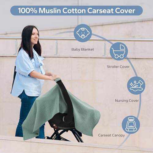 Image of SERAPHY 100% Muslin Cotton Car Seat Cover Baby, Universal Carseat Covers, Breathable Baby Car Seat Canopy for Boys Girls, Soft Infant Car Seat Cover for Summer -Green