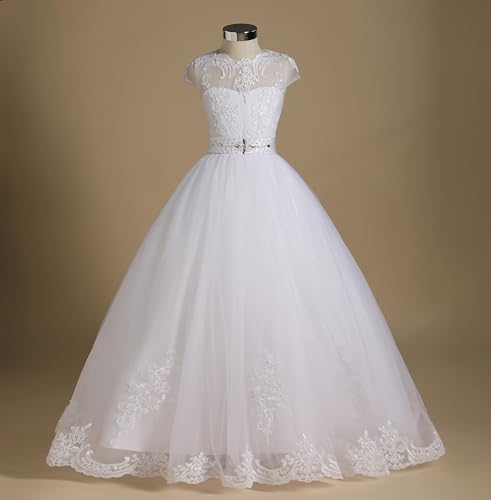 Tulle Lace Flower Girl Dress Pageant Maxi Dresses for Girls Ball Gown Floor-Length with Sash, Beading, Back Hole3