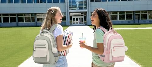 Image of School Backpack for Teen Girls, Large Capacity Laptop Bag for High School Middle School Elementary, Aesthetic Bookbag College Women, Beige Pink