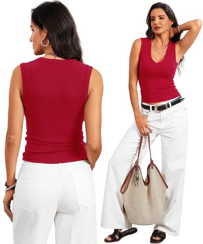 Image of Prettywear Deep V Neck Tank Tops for Women 2026 Summer Fashion Clothes Sexy Casual Ribbed Fitted Sleeveless Going Out Tops