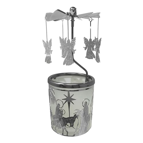 Spinning Angels Christmas Candle Holder - Holy Family Scene - Scandinavian Style -Measures 6.25" x 2.5" and Includes a Smokeless Candle.