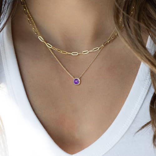 MONOOC Layered Birthstone Necklace for Women, 14K Solid Gold Over Paperclip Chain Necklace Classic Round Pendant Birthstone Necklace Birthstone Jewelry for Women Gifts Birthday Gifts4