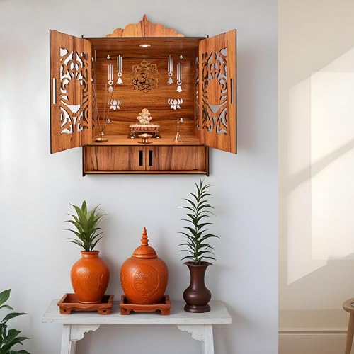 Rousrie Wooden Temple Mandir for Home with Door Cabinets | Beautiful Pooja Unit with Storage Space | with LED Light and Wall Mounts | Elegant Pooja Mandir for Home Big Size(H-17.3, L-11, B-10.6 inch)
