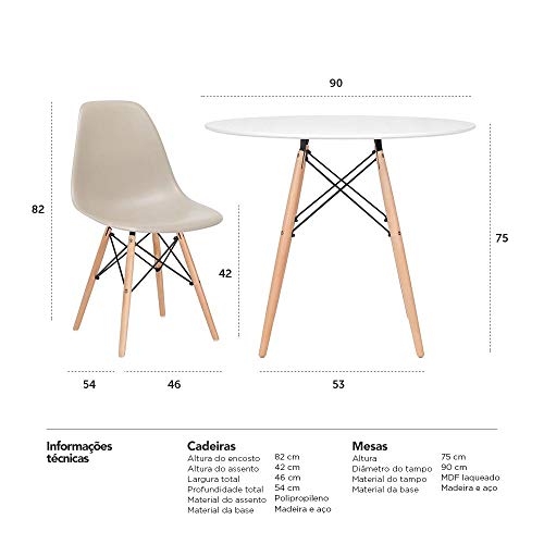 Kit - Mesa Eames 90 cm branco + 4 cadeiras Eames Eiffel Dsw nude