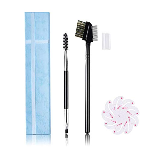 FITDON Duo Angled Eyebrow Brush Spoolie, Metal Teeth Eyelash Comb Separator & Brow Brush Combo with Cap for Travel, 9PCS Reusable Eyebrow Shaping Stencils