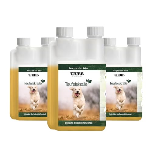 TJURE Teufelskralle Liquid für Hunde | 3 x 1000 ml Sparset | Ergänzungsfuttermittel mit Teufelskralle | Zur Unterstützung der normalen Beweglichkeit | Pflanzliche Rezeptur | Made in Germany
