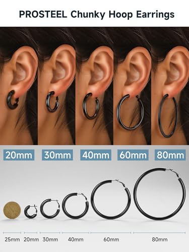 Stainless Steel Chunky Hoop Earrings For Women, Minimalist and Chic, Black/Gold Plated, Round Hoops Earrings Hypoallergenic, Size: 30mm/40mm/60mm/80mm, Come with Box4
