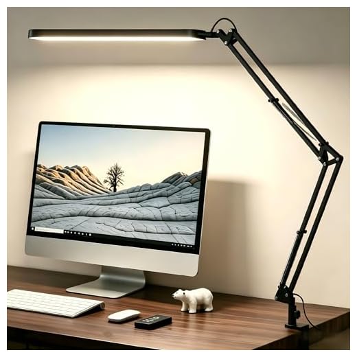 SKYLEO Schreibtischlampe LED – Schreibtischlampe klemmbar 1300LM – 5 Farbmodi x 11 Helligkeitsstufen – Verstellbarer Schwenkarm – Timmer und Speicherfunktion – 12W Desk Lamp – Schwarz
