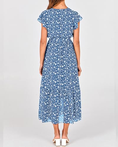 Image of BTFBM Women Summer Bohemian Floral Casual Wrap V Neck Ruffle Cap Sleeveless Belt A-Line Pleated Hem Midi Sun Dress White