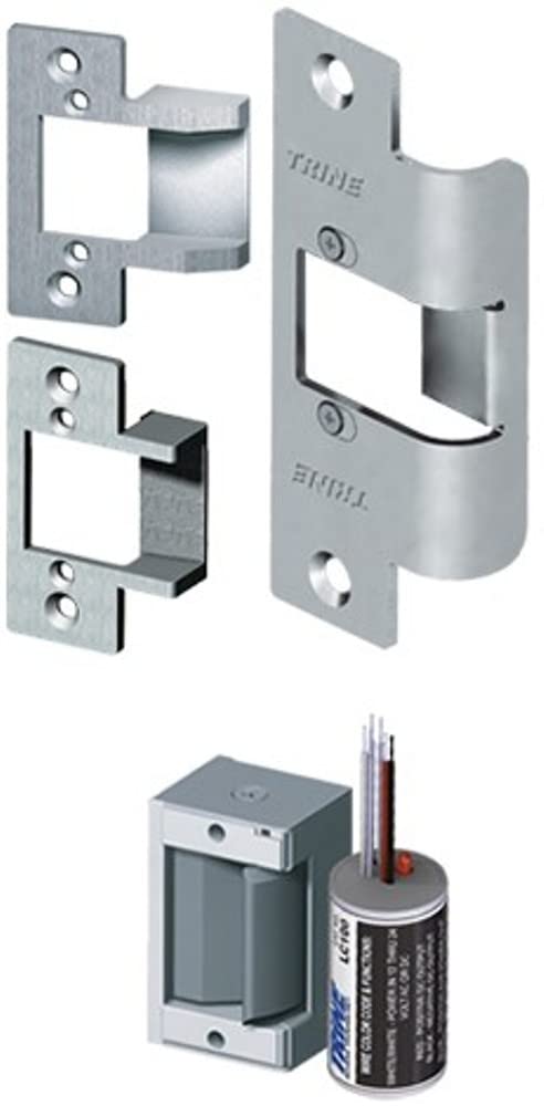 Trine 323478LC-32D 3000-Series Door Electric Strike Kit, Satin Stainless, Includes (2) Faceplate, (1) 2-3/4" Faceplate with Extended Ramp, (1) Filler Plate, (1) 30LC Mechanism, For Cylindrical Lock