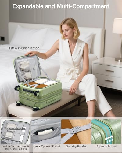 Image of Hanke 56cm Expandable Cabin Trolley Bag, 15.6 Inch Laptop Compartment, Top Opening Hard Shell Polycarbonate, 8 Durable Silent Spinner Wheels, Lightweight Carry On Suitcase for Women,Bamboo Green