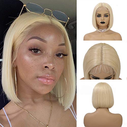 BHL Blue Bob Wig T Part 13x1x4 Lace Front Wigs for Women China Virgin Human Hair Lace Front Colourful Short Bob Wigs for Women 150% Density Pre Plucked with Baby Hair (10 inch, Sapphire Blue)