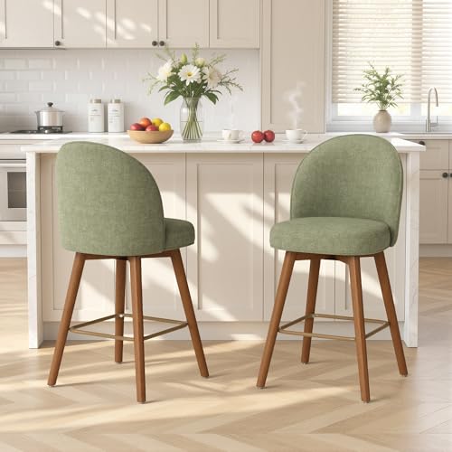 Image of Modern Swivel Bar Stools Set of 3, Chic Upholstered Counter Height(26IN) Bar Chair with Back, Solid Wood Legs and Footrest, Comfortable Chenille Bar Stool for Kitchen Island, Soft Green