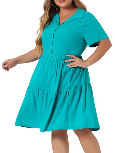 Image of Agnes Orinda Plus Size Chambray Dress for Women Short Sleeve Button Down Flowy Tiered Shirt Dresses