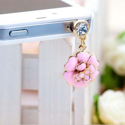 3.5mm Beautiful Rose Camellia Japonica Flower Pattern Bling Shine Shinning Flash Crystal Diamond Cellphone Charms Stoppers Earphone Jack Anti Dust Plug Ear Jack Cap for iPhone 4 4S Samsung Galaxy S2 S3 Note I9220 HTC Sony Nokia