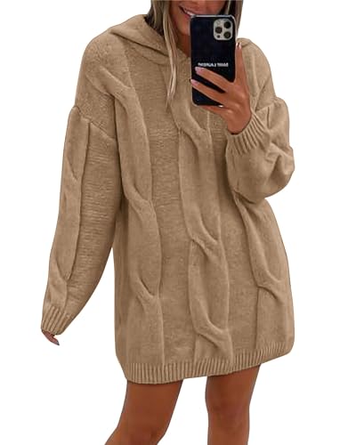 KIRUNDO Women's Fashion Hoodies Knit Sweater Dress Oversized Cable Knit Dress Comfy Slouchy Long Sleeve Tunic Sweater Fall Sweaters Mini Dresses Cute Clothes(Khaki, X-Large)