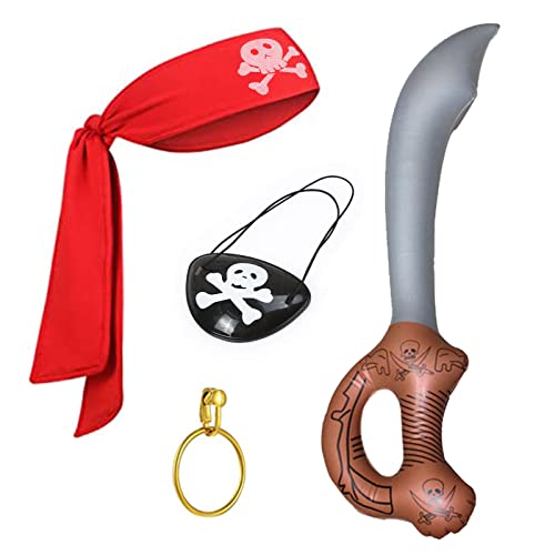 TSHAOUN 4 Piezas Juego de Accesorios para Disfraz Pirata, Disfraz Pirata Niño, Accesorios para Disfraces de Piratas de Halloween, Capucha, parche para el ojo, anillo, cuchillo inflable