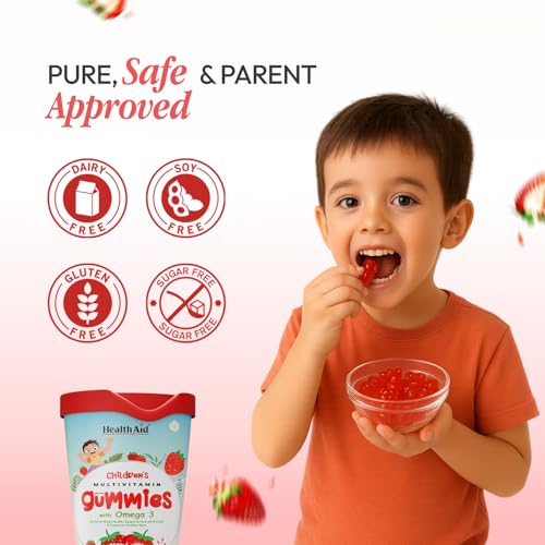 Image of HealthAId Children's Multivitamin Gummies - Sugar-Free Fiber & Omega 3 | Supports Brain & Eye Health, Immunity, Digestion, Daily Wellness | 24 Essential Nutrients with Iron, Vitamins C, A, B, D | Natural Berry & Strawberry Flavor | Dairy & Soy Free - 60 Gummies