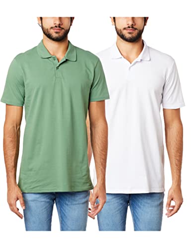 Kit 2 Camisas Polo, basicamente, Masculino, Branco/Verde Oliva, GG