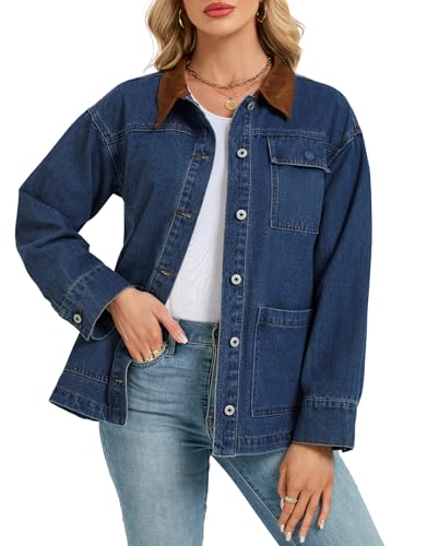 Kedera Womens Oversized Denim Jacket 2025 Trendy Button Up Long Sleeve Jean Jacket with Faux Suede Collar Fall Barn Coat