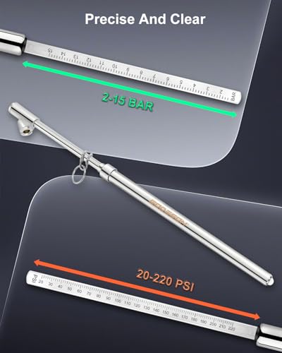 Image of GODESON 13.5 inch Dual Head Tire Pressure Gauge, 20-220PSI /2-15Bar High Accuracy Semi trcuk tire Gauge, Heavy Duty Pencil Pressure Gauges Checker for RV & Truck, Stainless Steel Solid Body, Portable