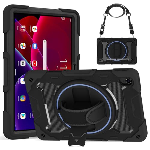 Bkinew Tablet Case for Lenovo Tab P11 & P11 Plus 11 2021 Models TB-J606F/TB-J606L/TB-J607F/TB-J616F/TB-J616X 360 Rotating Kickstand and Hand Shoulder Strap Rugged Protective Cover Black