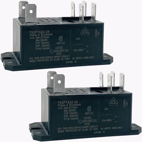 2-Pack T92P7A22-24 Power Relay - 30A 24VAC 6-Pin DPST-NO (2 Form A) - Industrial Grade Relay for Motor Control, HVAC & Automation Systems