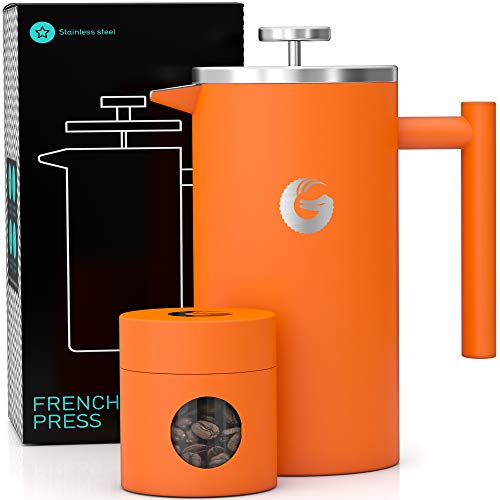 Comparison: Best Travel French Press 11 Coffee Gator French Press Coffee Maker 34oz, Double Insulated Stainless Steel Brewer plus Travel Jar Canister, Portable Hot Cold Brew Tea for Coffee Bar Accessories Kitchen Camping, Orange