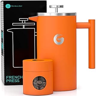 Coffee Gator French Press Coffee Maker - Thermal Insulated Brewer Plus Travel Jar - Large Capacity, Double Wall Stainless Steel - 34oz - Orange