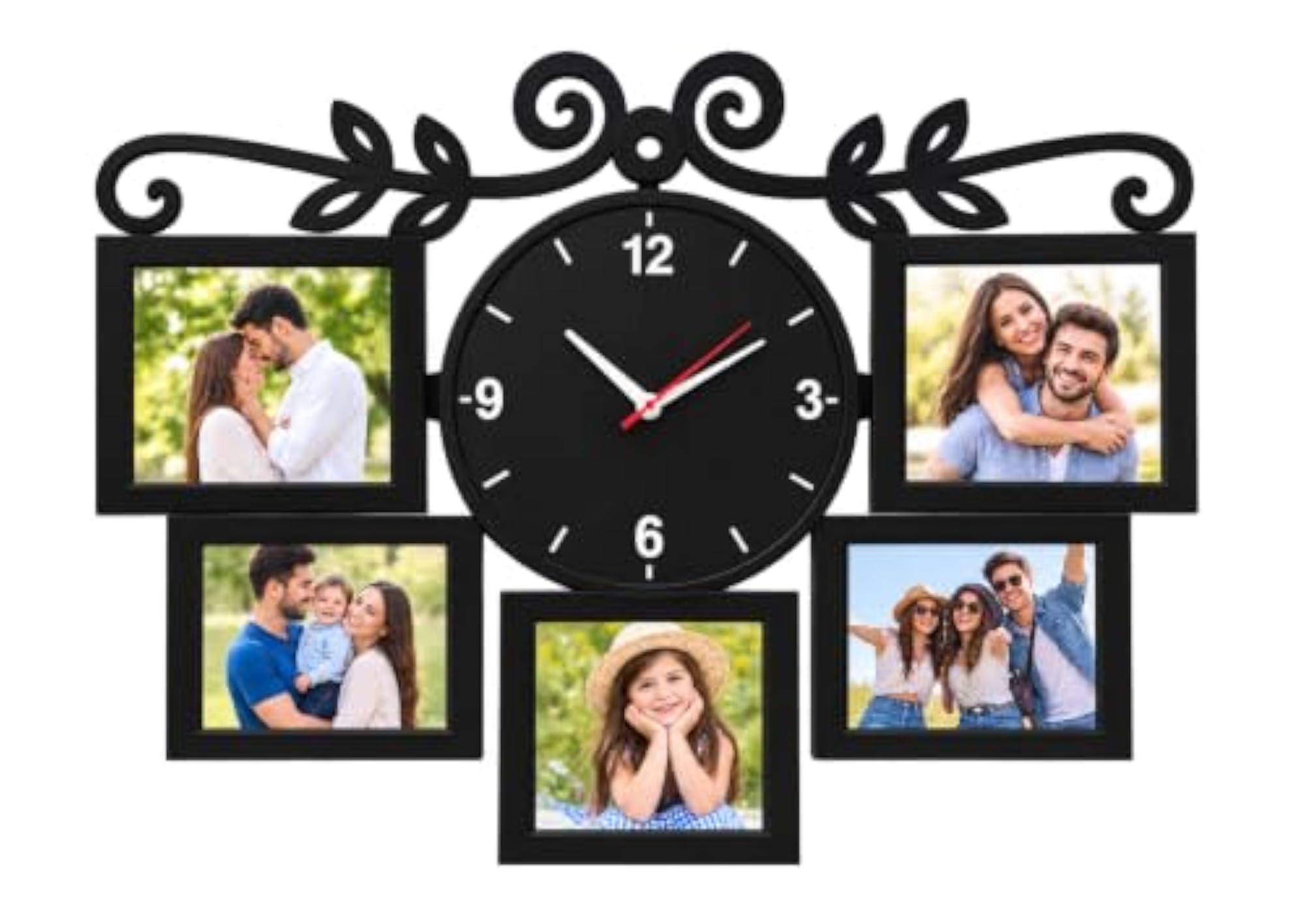 Wall Clock with 5 Photo Frames Collage, Black